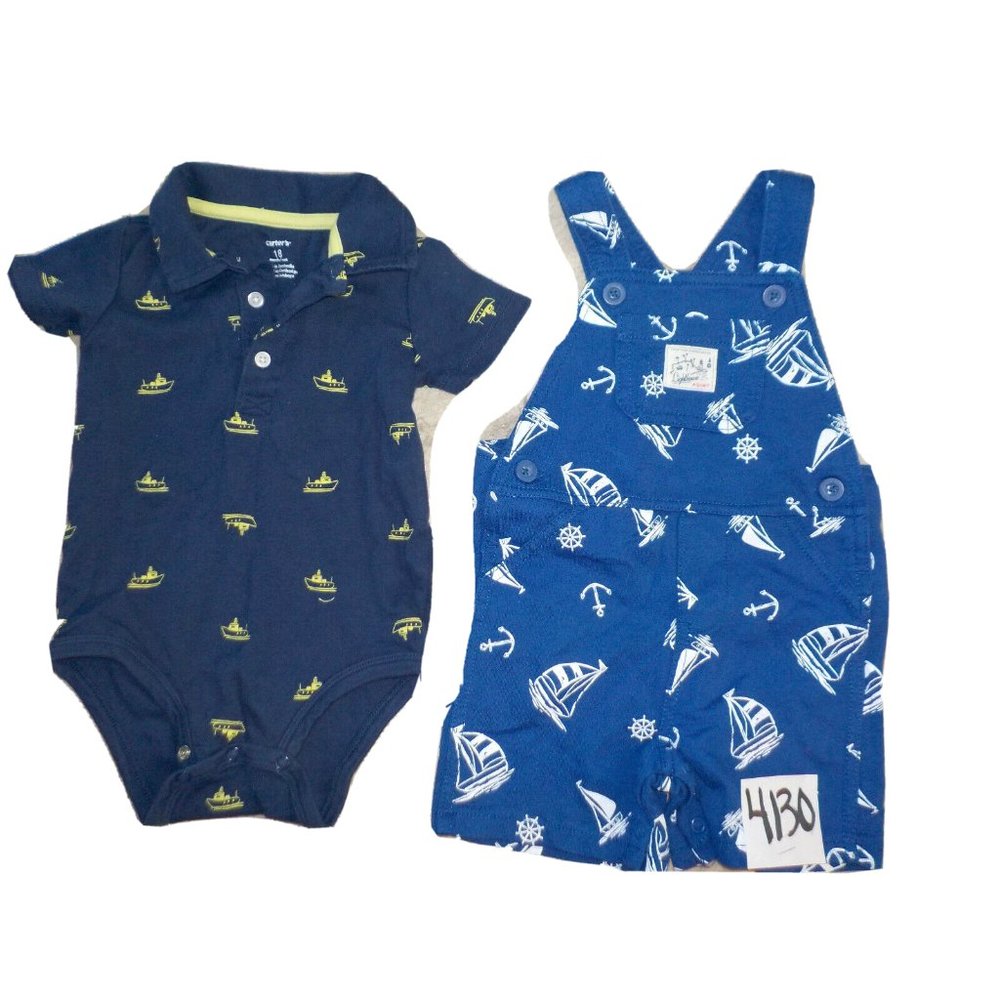 Lot of 2 Carter's Blue Nautical Bib Overalls & 1 Pc Sailing Boat Outfit 18 Mo